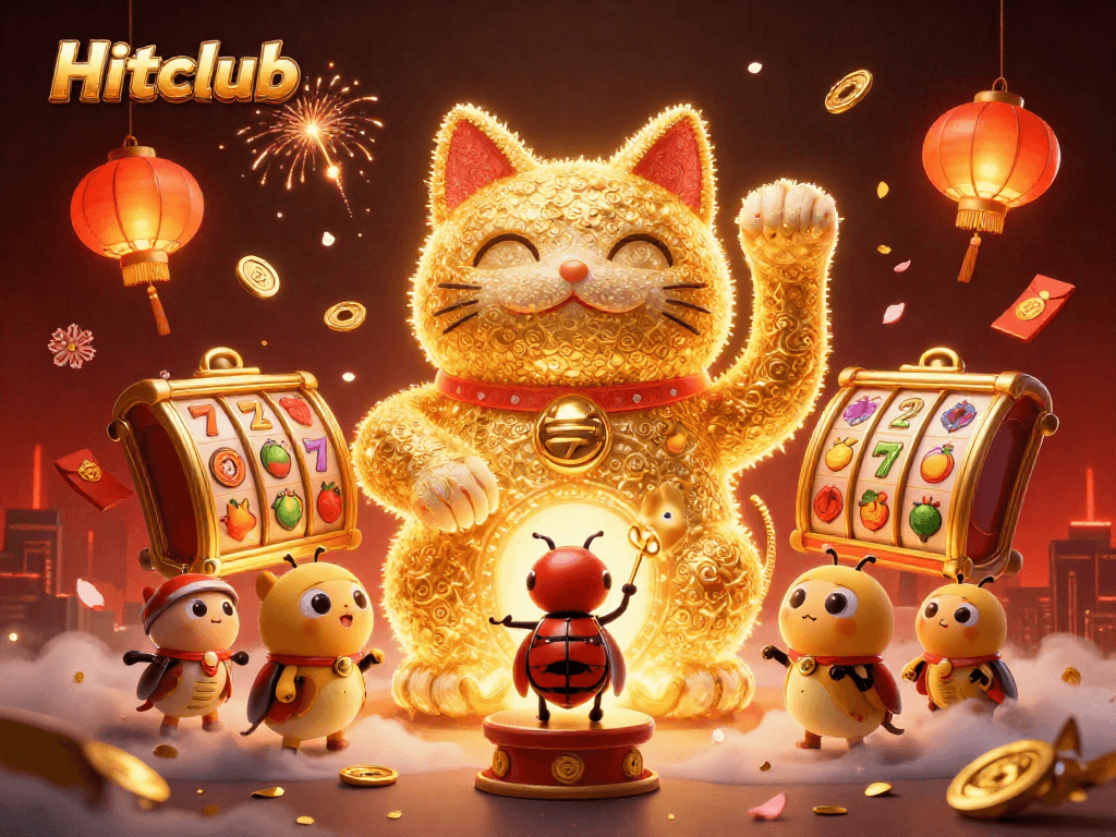 Hitclub showcases a lucky cat made of fireflies amid vibrant casino elements, creating a festive atmosphere.