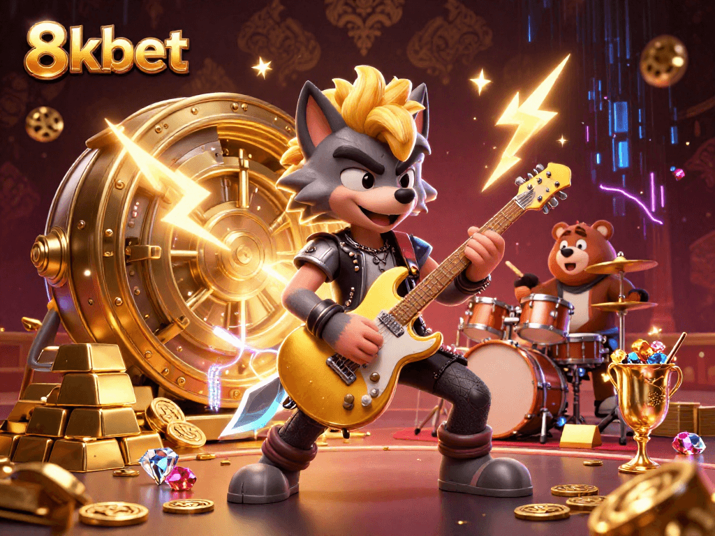 Experience thrilling online action with 8kbet as rock star wolf and drummer bear electrify the casino stage.