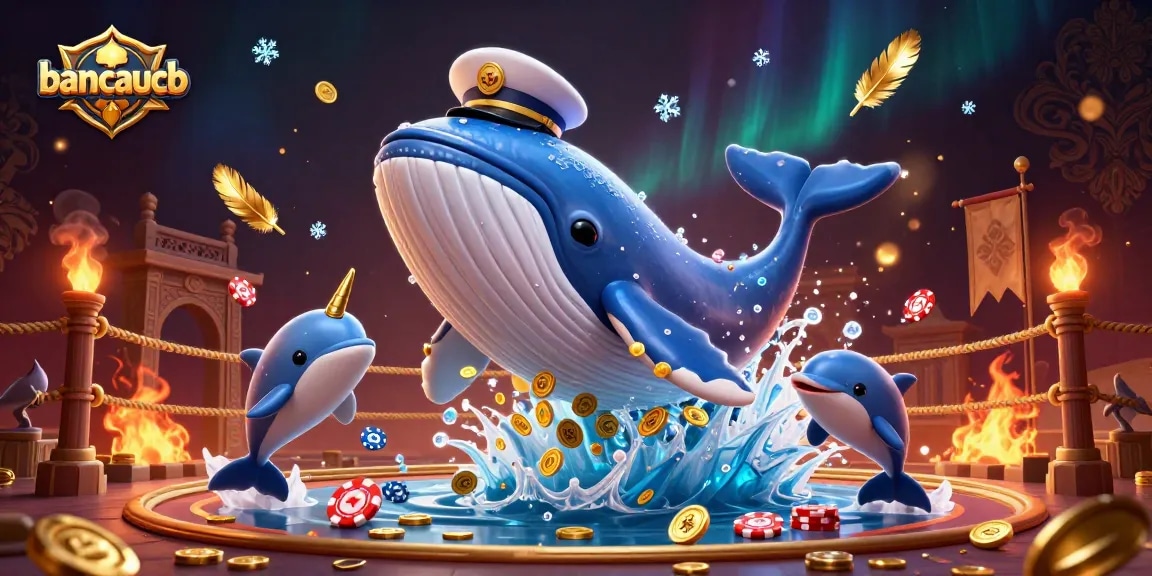 Engage with the bancaucb adventure featuring a whimsical whale and playful dolphins in a sea of coins.