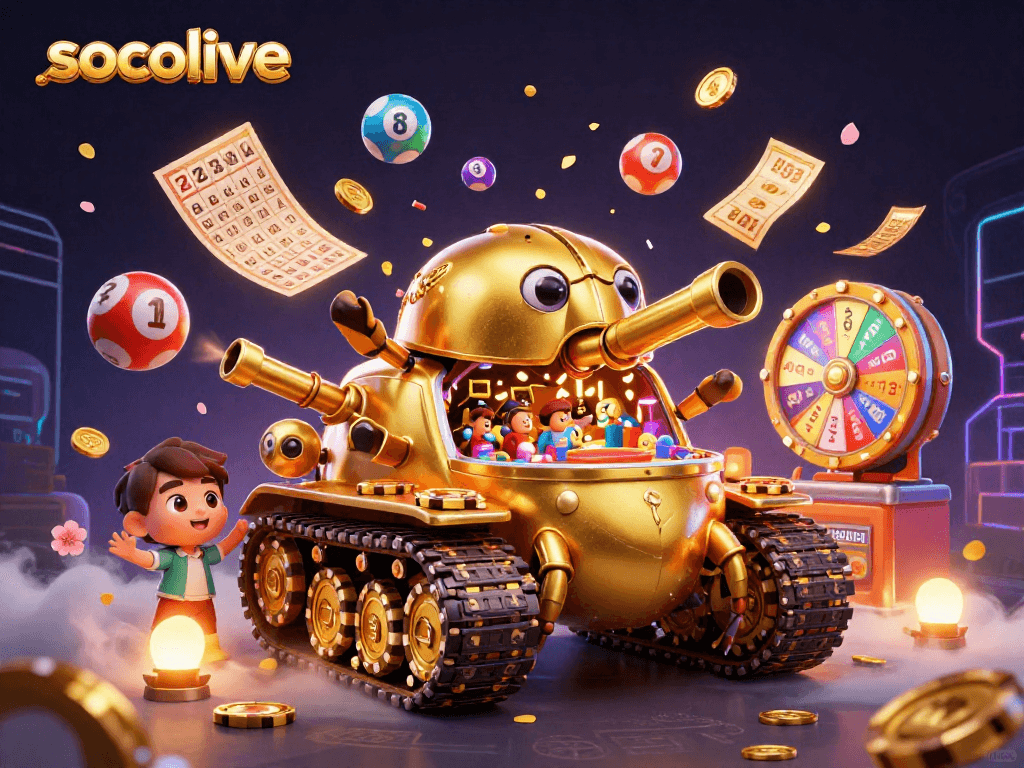 Socolive showcases a vibrant casino scene with golden beetle tank and lottery balls.