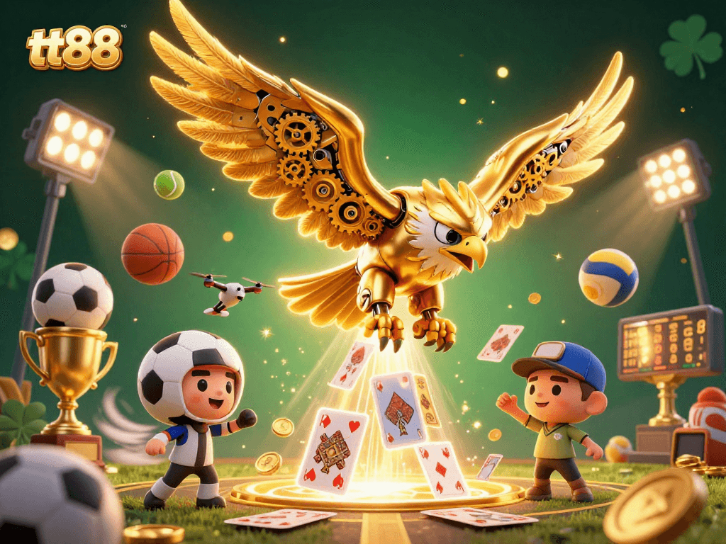 Experience thrilling gameplay with tt88 as a cybernetic eagle dives through holographic cards amidst dynamic sports elements.