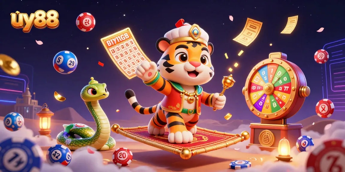 Bet on exciting games at uy88 with a magical tiger sultan and vibrant lottery elements surrounding him.
