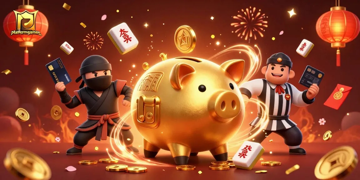 Join the excitement of platformgames with a dynamic illustration featuring a golden piggy bank and samurai!
