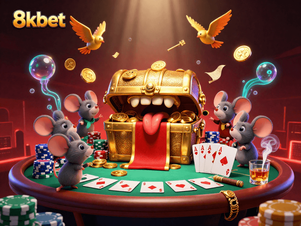Experience excitement at 8kbet with adventurer mice and gold treasures in this vibrant casino scene.