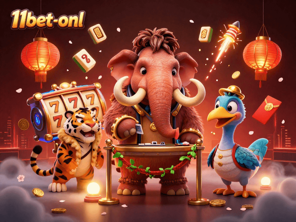 Experience the excitement at 11bet-onl with a vibrant casino scene featuring a VIP bouncer and a saber-tooth tiger.