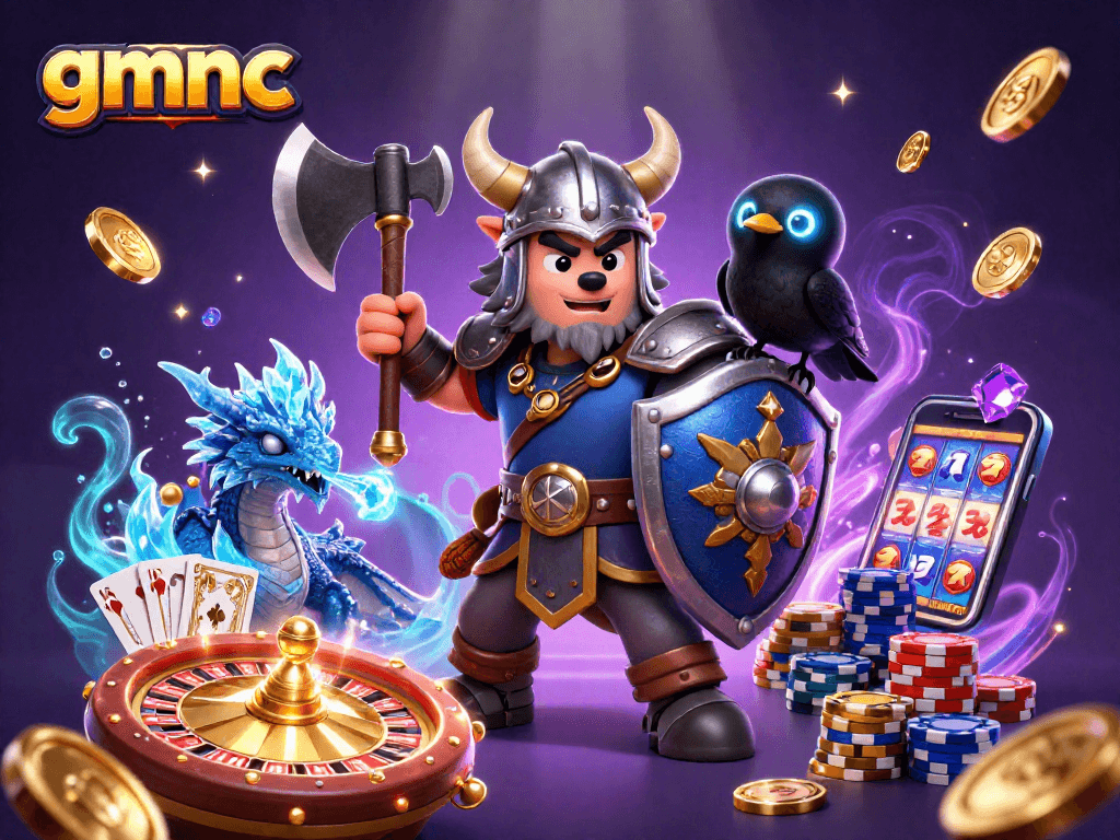 Engage with gmnc's exciting gaming atmosphere featuring a Viking warrior, dragon, and vibrant casino elements.