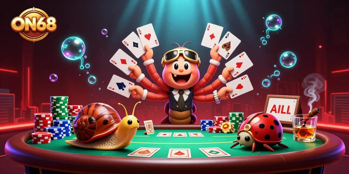 Experience the thrill of poker with ON68's colorful 3D illustration featuring unique gambling characters.