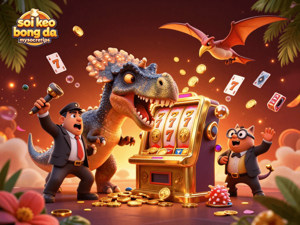 Soi keo bong da mysoccertips brings excitement with 3D dinosaurs at a golden slot machine winning coins.