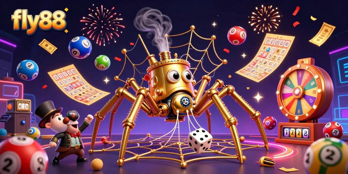 fly88 showcases a vibrant 3D casino scene with a golden spider, lucky elements, and dynamic lottery excitement.