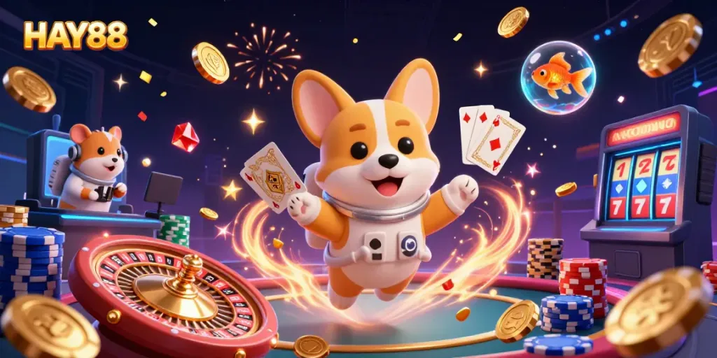 Experience HAY88 excitement with a floating astronaut corgi in a bustling casino scene.