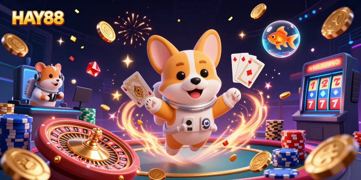 Experience HAY88 excitement with a floating astronaut corgi in a bustling casino scene.