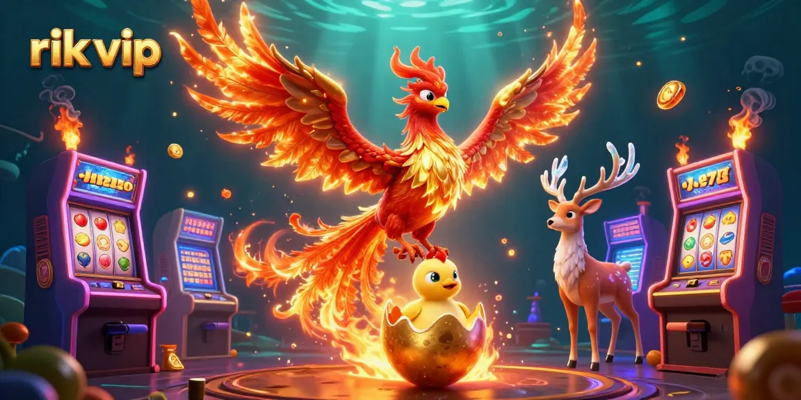 Experience thrilling gameplay with rik vip surrounded by vibrant 3D slot machines and magical creatures.