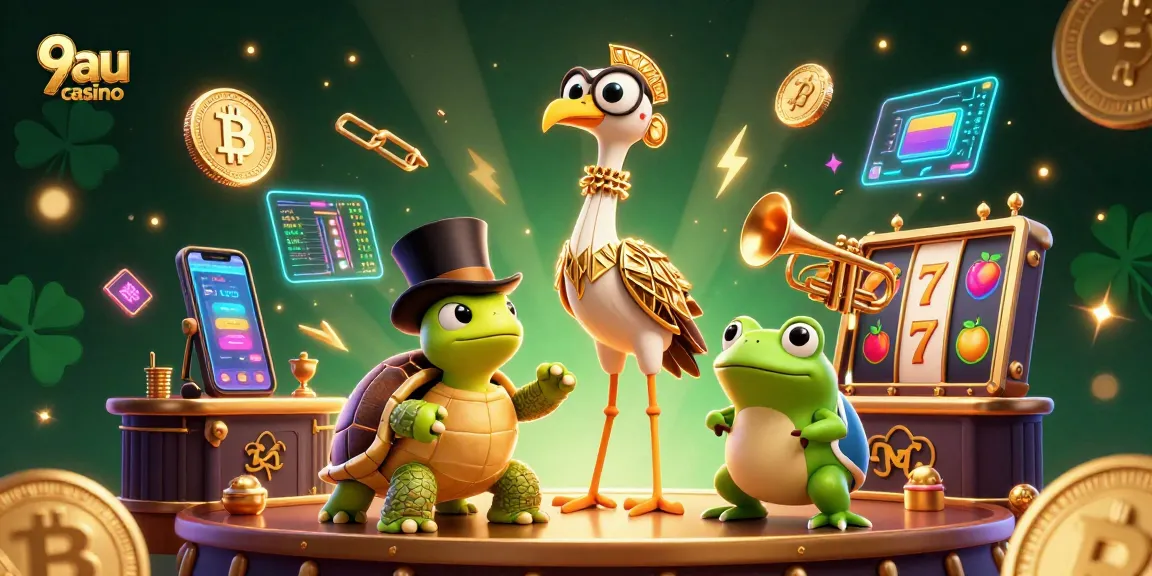 Experience the excitement of the 9au casino with vibrant characters and crypto elements in this lively illustration.