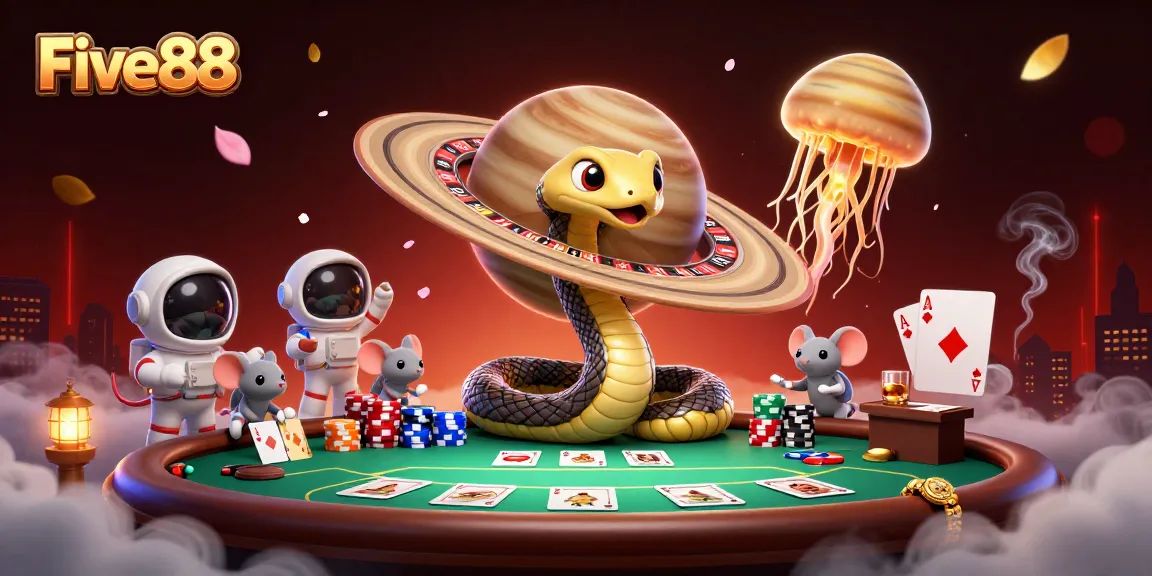 Engage with Five88's colorful 3D casino experience featuring cosmic characters and vibrant gaming elements.