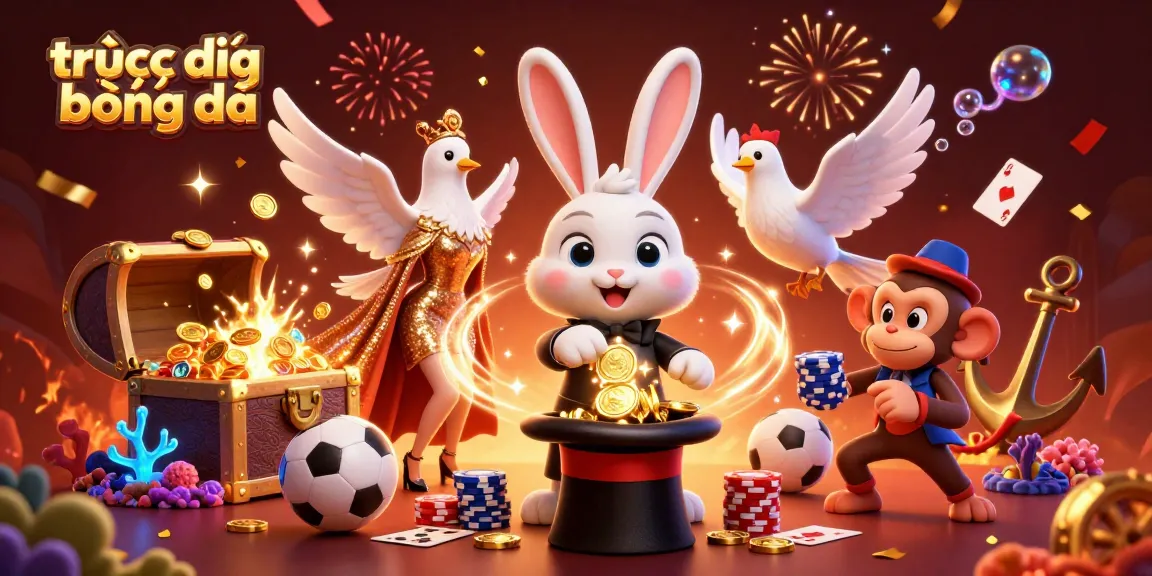 Experience trực tiếp bóng đá with playful characters celebrating around betting elements and gold coins.