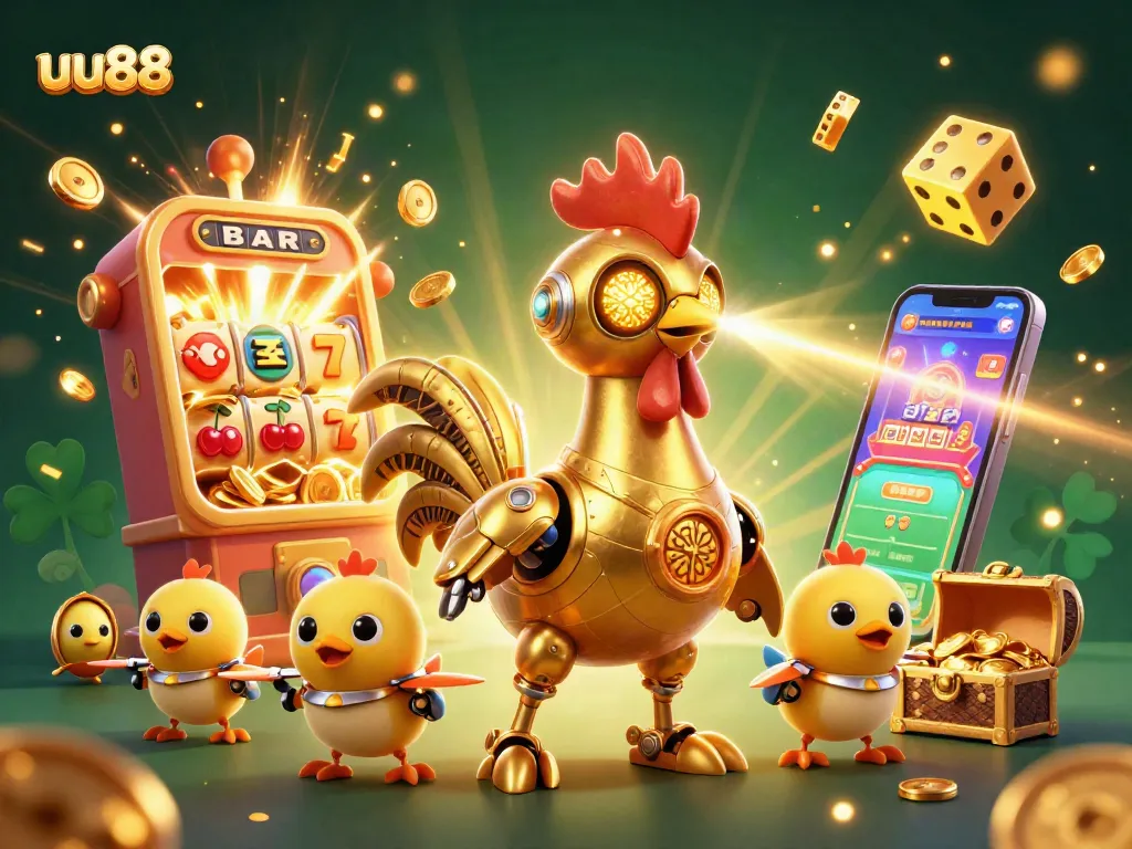 uu88 themed illustration showcasing a golden rooster robot and baby chick drones engaging with dazzling slot machine action