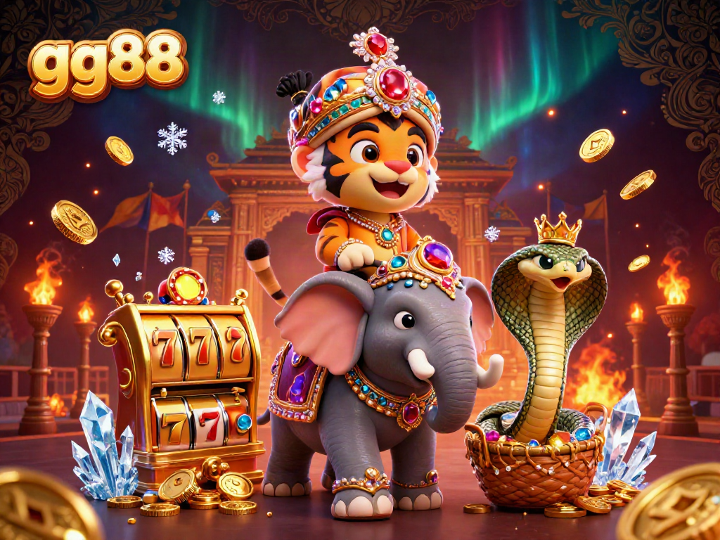 Experience gg88 with a vibrant 3D illustration of a maharaja tiger riding an opulent elephant among casino-themed elements.