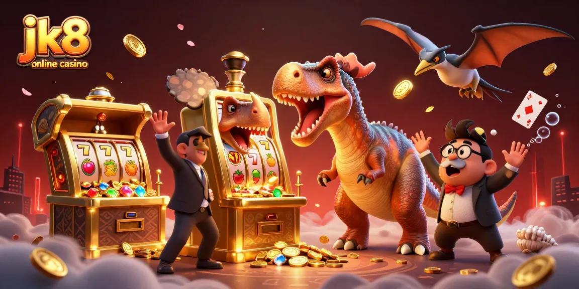 Experience exciting wins at jk8 online casino with a cartoon dinosaur celebrating a jackpot payout.