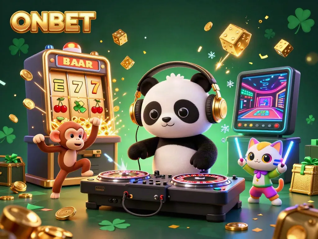 Engage with ONBET through a vibrant 3D illustration of casino elements featuring a DJ panda and graphics.