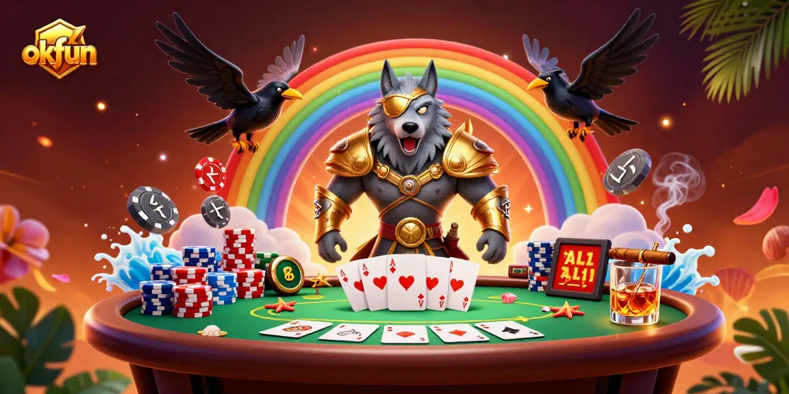 Engage with okfun gaming artwork featuring Odin and his ravens amidst vibrant casino elements.