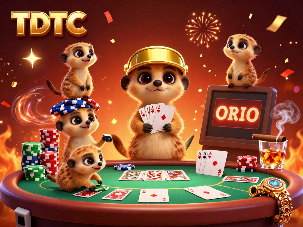 TDTC meerkats hosting a vibrant casino with colorful poker chips and festive confetti.