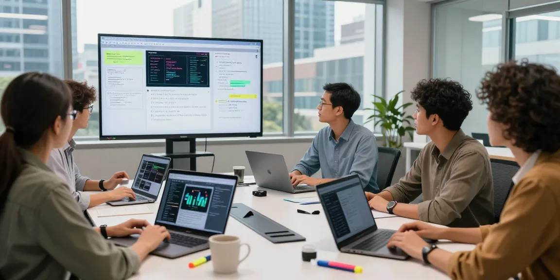 Collaboration scene with professionals exploring AI tools 2026 in a modern workspace, featuring laptops and data visualizations.