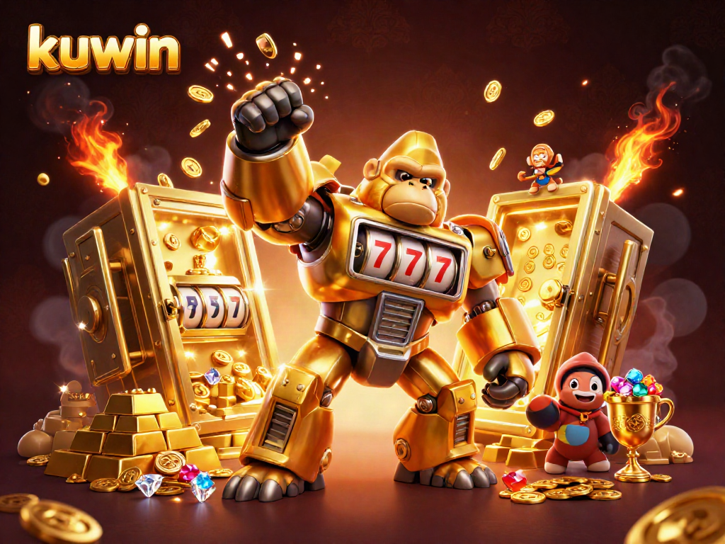 Experience kuwin's thrill with a dynamic scene of a golden gorilla mech amidst a treasure explosion!