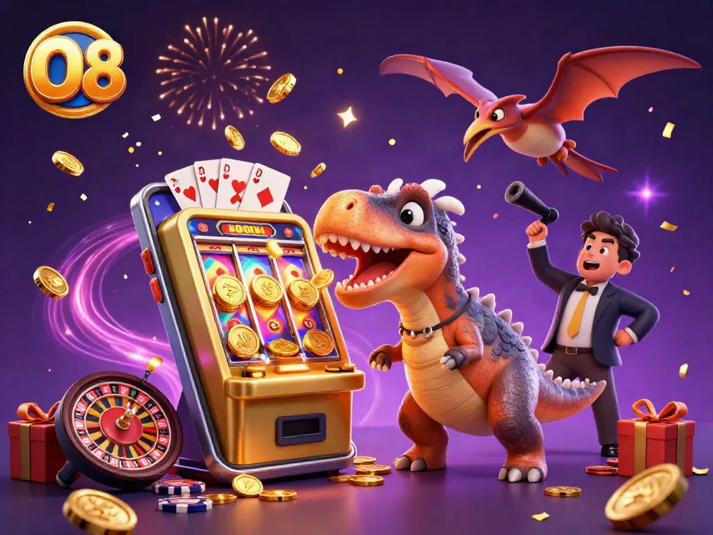 O8 features a cartoon dinosaur winning jackpots at a casino with golden coins and vibrant gameplay elements.