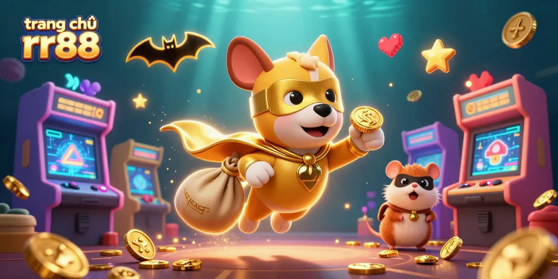 Experience gaming excitement with trang chủ rr88 featuring a superhero dog soaring with gold coins amidst vibrant casino elements.