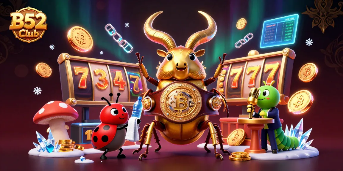 Engage in gaming excitement at B52 Club with a gold stag beetle champion amidst vibrant casino elements.