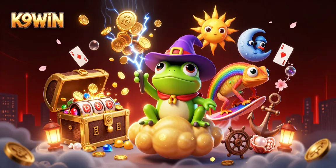 K9WIN offers thrilling gaming with a cartoon wizard and chameleon amid gold coins and playful casino elements.