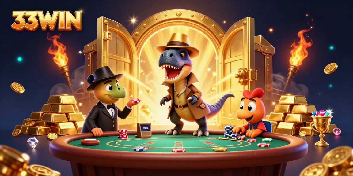 33WIN excitingly features a velociraptor card counter at a blackjack table amid treasures in this vibrant 3D illustration.