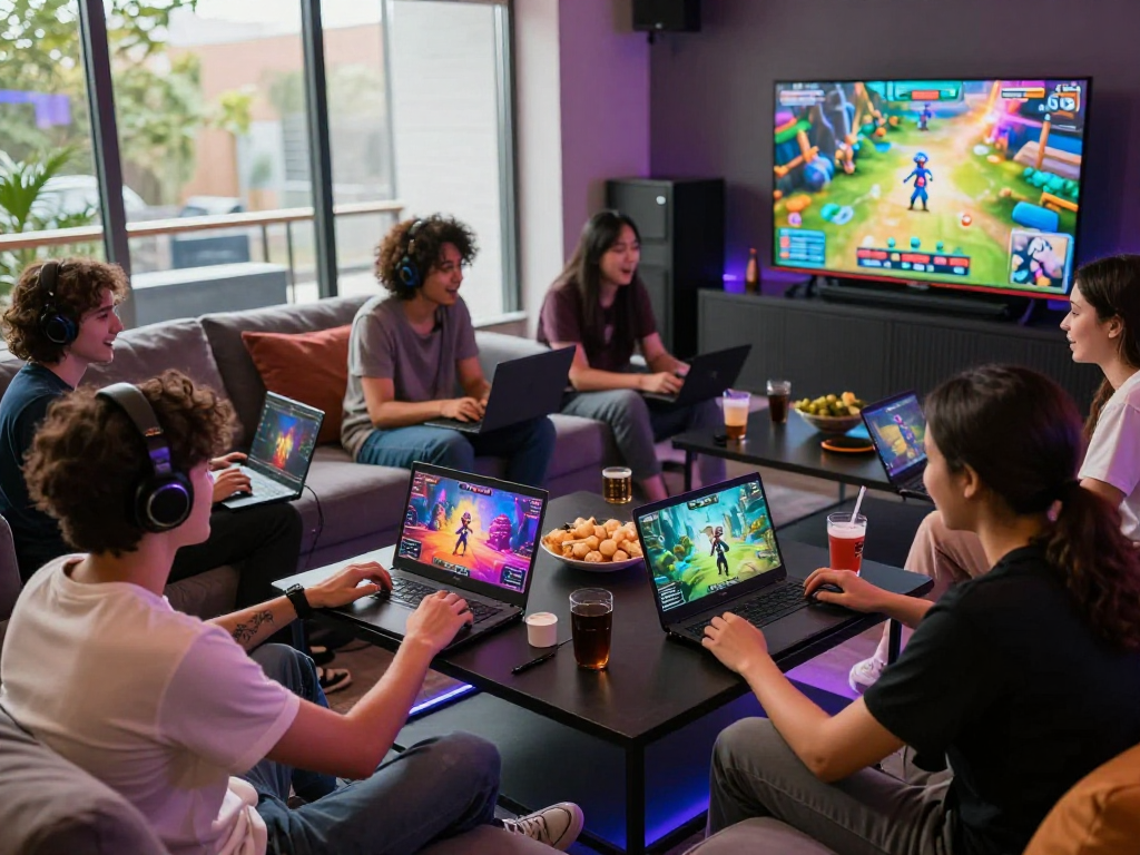 Friends enjoying interactive porn games in a cozy lounge setting with vibrant lighting.