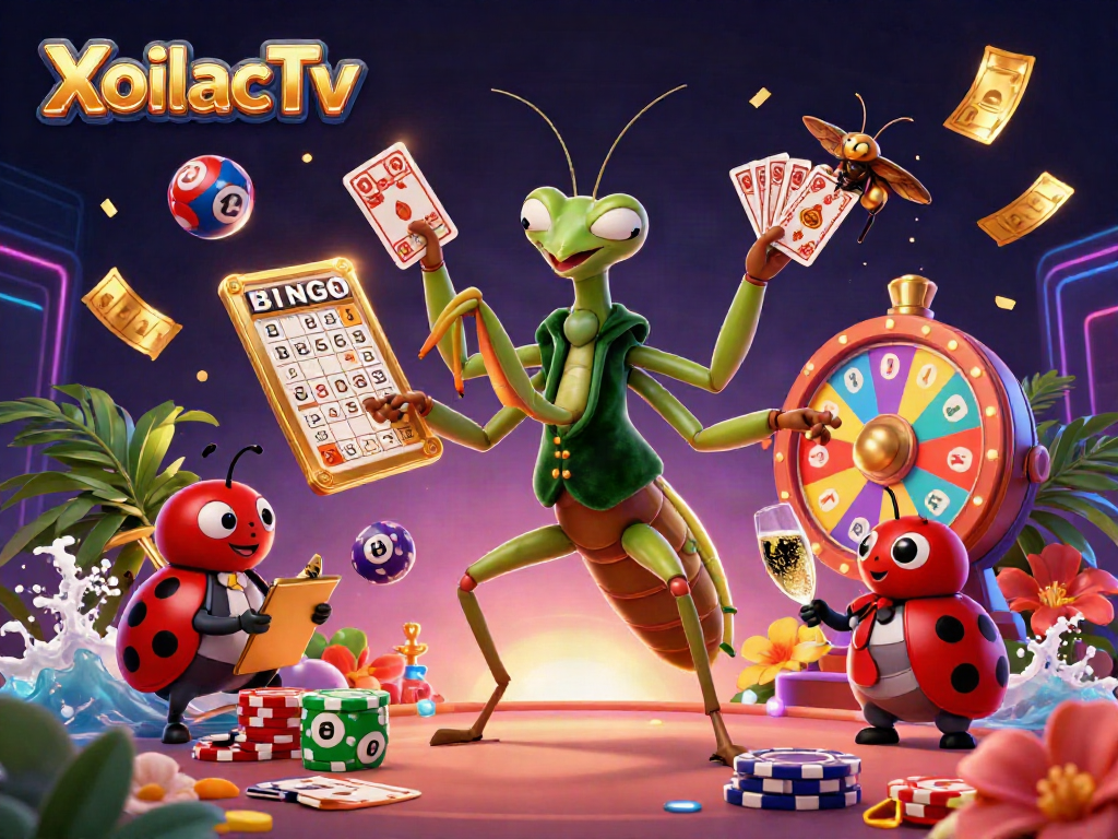 XoilacTv delivers thrilling casino action with a giant mantis dealer and lively game elements in a vibrant illustration.