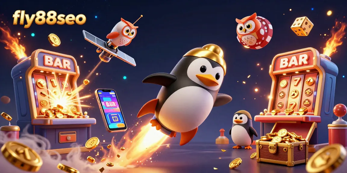 Engage with fly88seo as a golden penguin launches to a cosmic casino jackpot amidst vibrant gaming visuals.