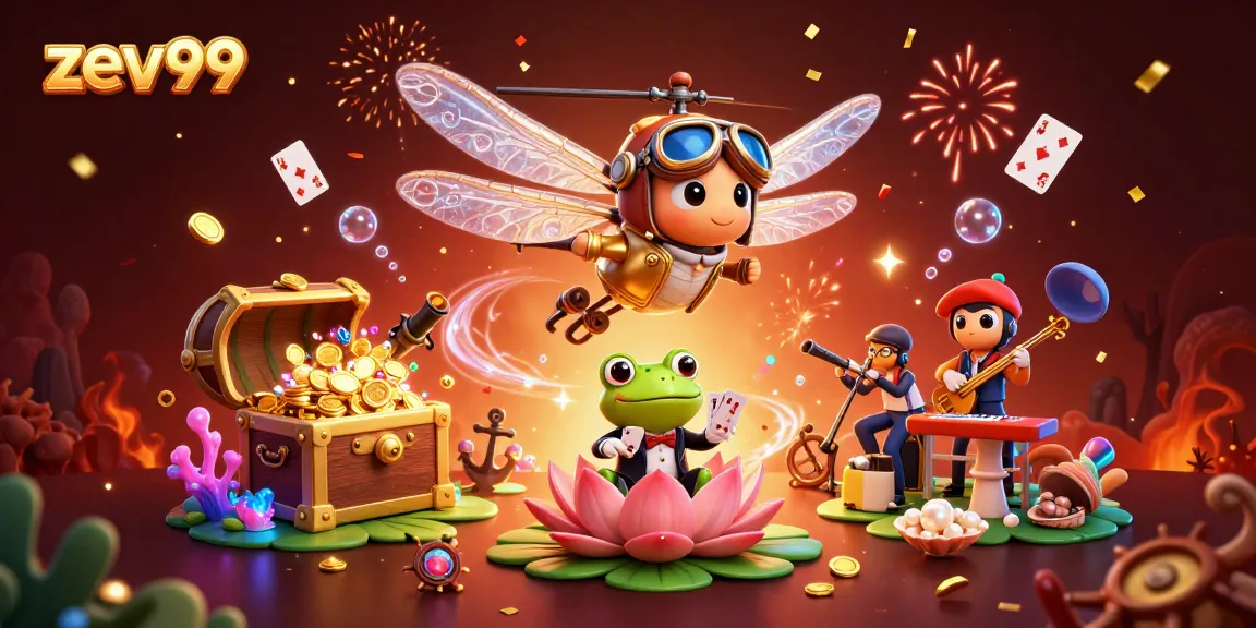 Experience the excitement at zev99, where a frog croupier deals cards in a lively casino scene.