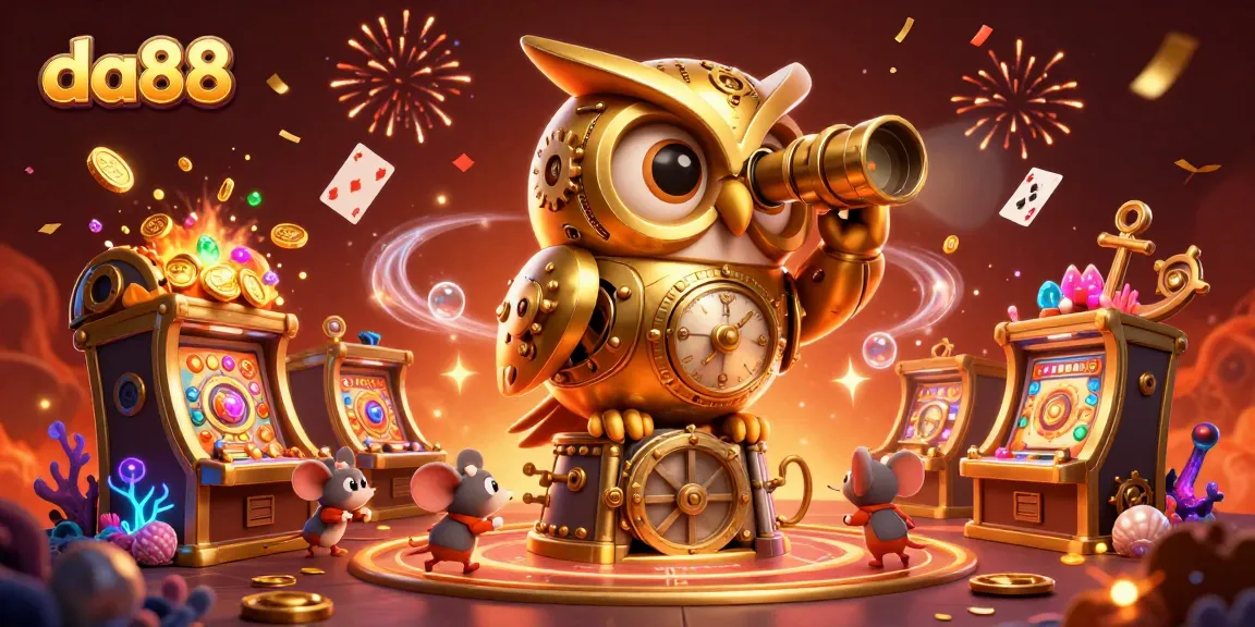 The da88 golden owl observes a vibrant casino scene filled with slot machines and treasure.