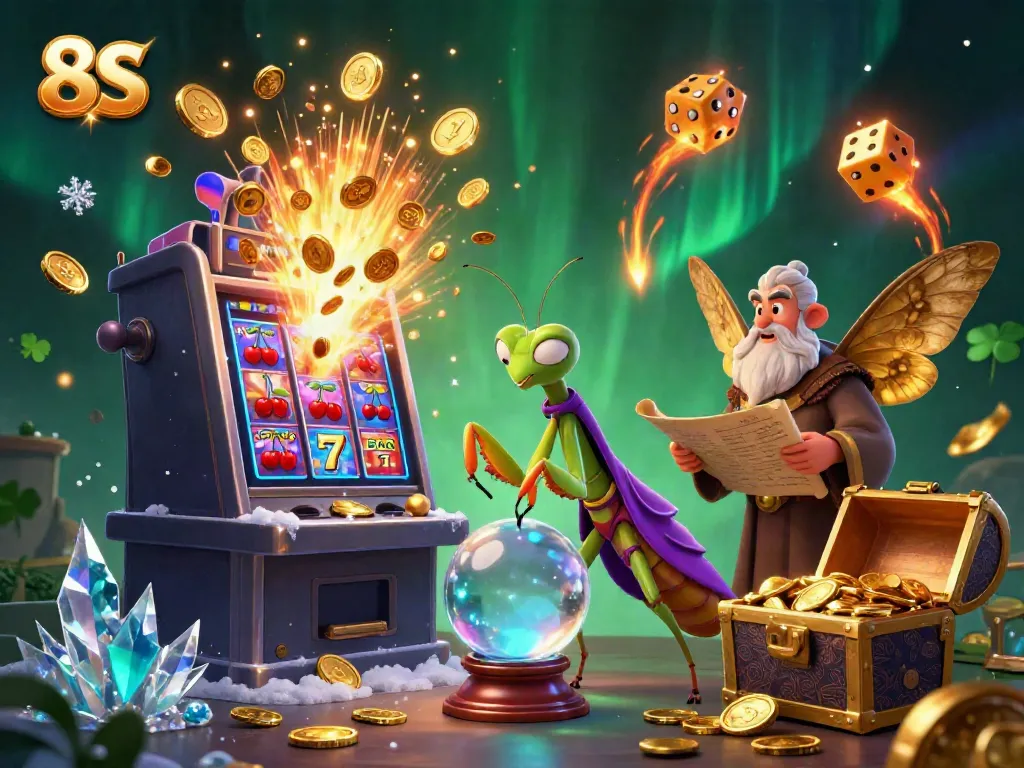 Experience the magic of 8S with a vibrant casino scene featuring fortune tellers and slot machines.