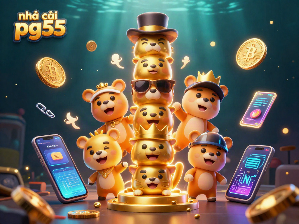 Experience the excitement of nhà cái pg55 with vibrant casino-themed 3D illustration featuring crypto elements.