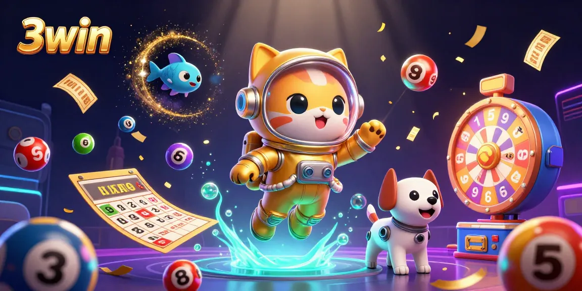 3win space-themed casino illustration with a cartoon astronaut cat and robot dog surrounded by vibrant gambling elements.