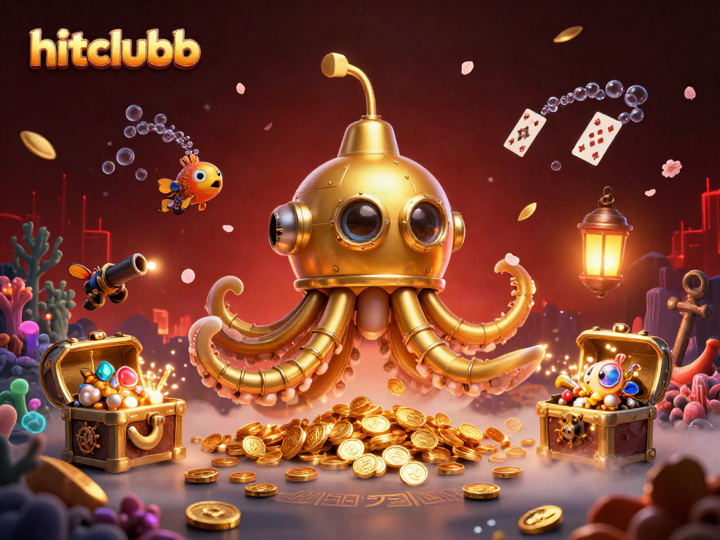 Experience thrilling gameplay with hitclubb's golden kraken submarine and mechanical fish in a vibrant, treasure-filled ocean.