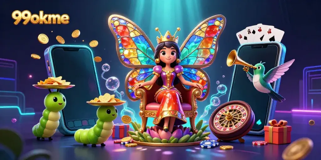 Experience thrilling gameplay at 99okme with vibrant 3D casino elements and butterfly queen illustration.