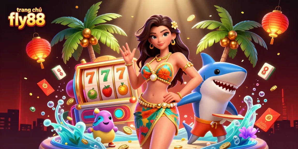 Experience the thrill at trang chủ fly88 with vibrant casino-themed visuals showcasing slots and tropical settings.