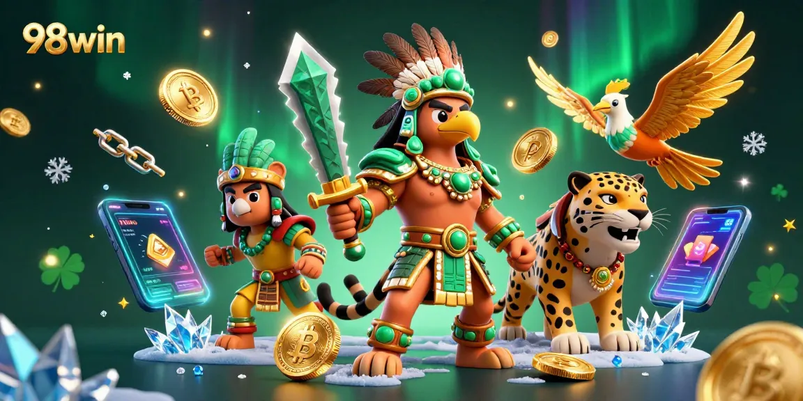 Engage with 98win's exciting gaming atmosphere featuring Aztec warriors and crypto elements.
