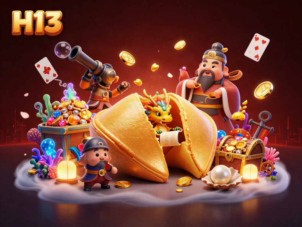 Experience thrilling gameplay with H13's vibrant 3D illustration of fortune and winning treasures.