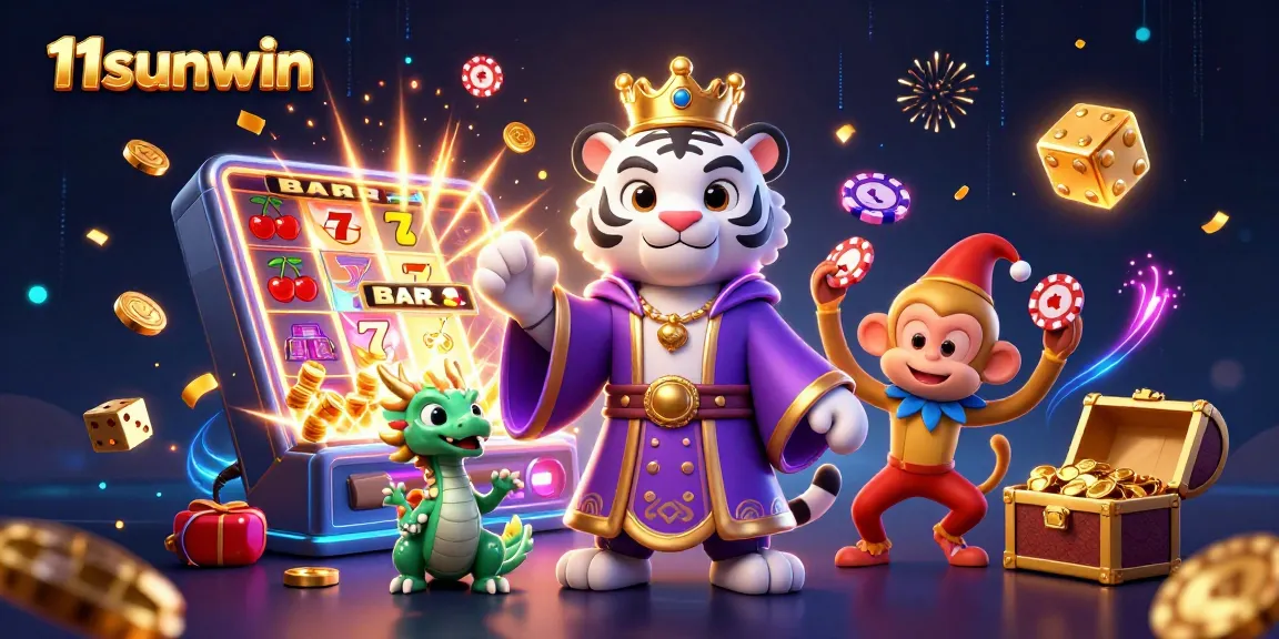 Experience thrilling gaming at 11sunwin with a luxurious tiger, jester monkey, and vibrant casino elements.