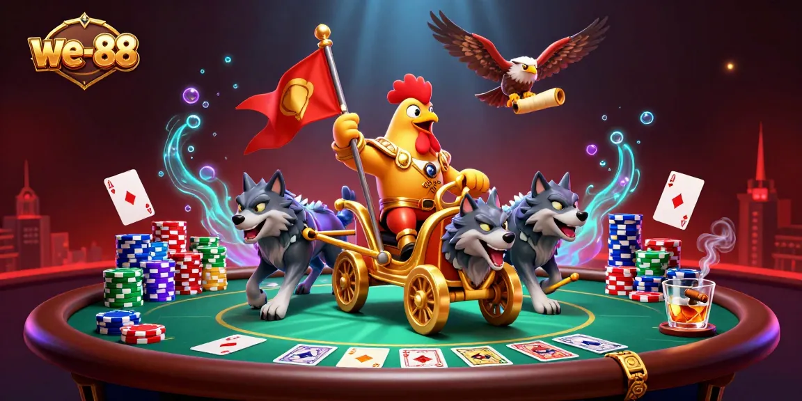 Engage with we-88's thrilling gaming by joining the energetic rooster warlord in a dynamic casino setting.