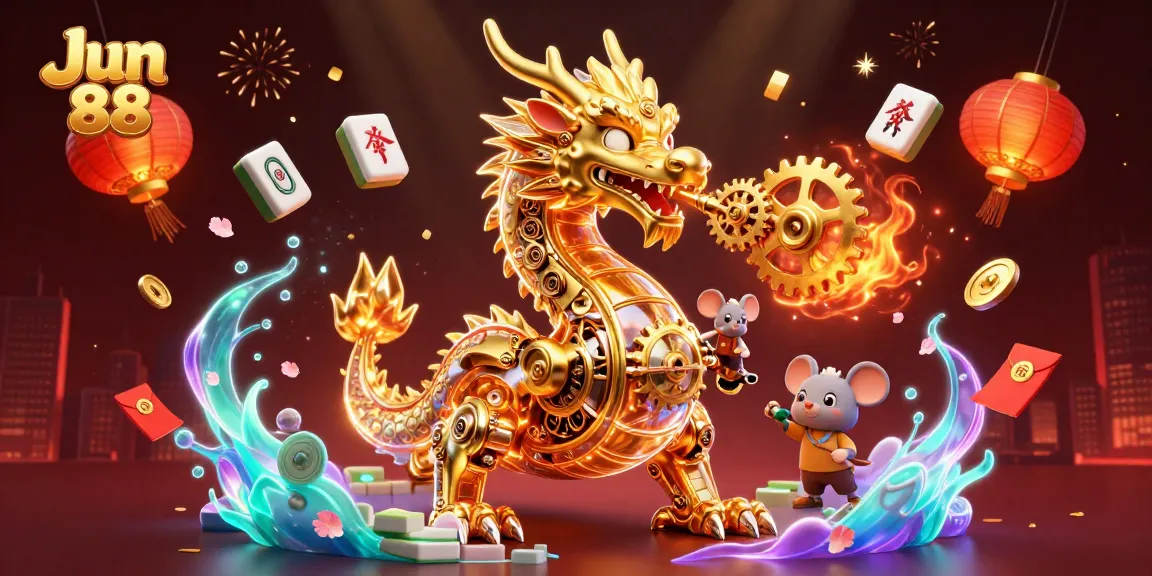 Engage with Jun 88's vibrant 3D illustration featuring a dynamic dragon and gambling elements.