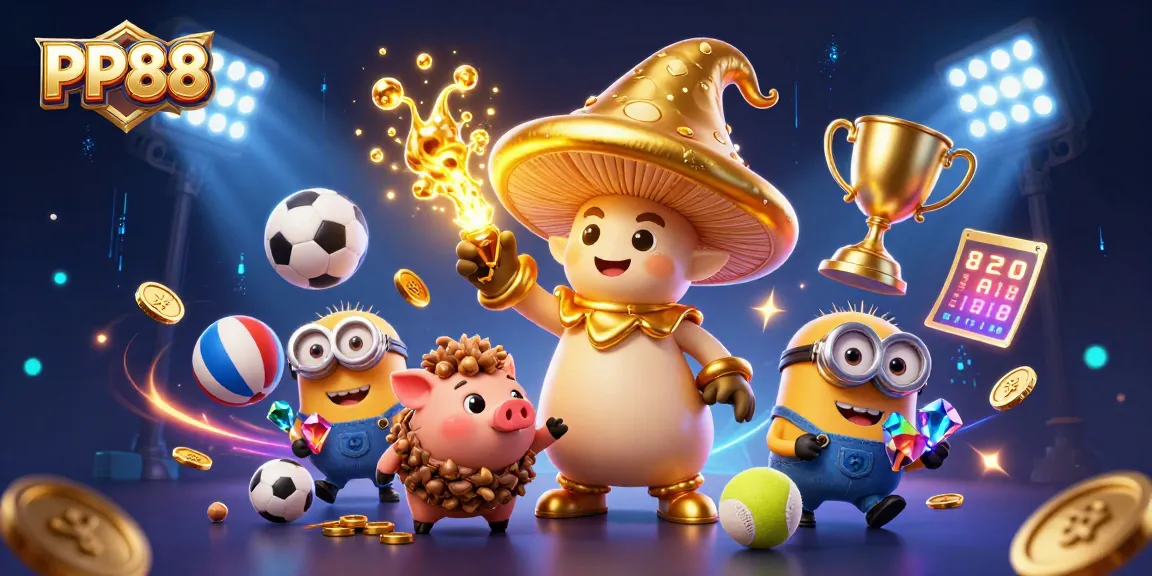 Engage with PP88's vibrant casino experience through this dynamic 3D illustration of magical characters and action.