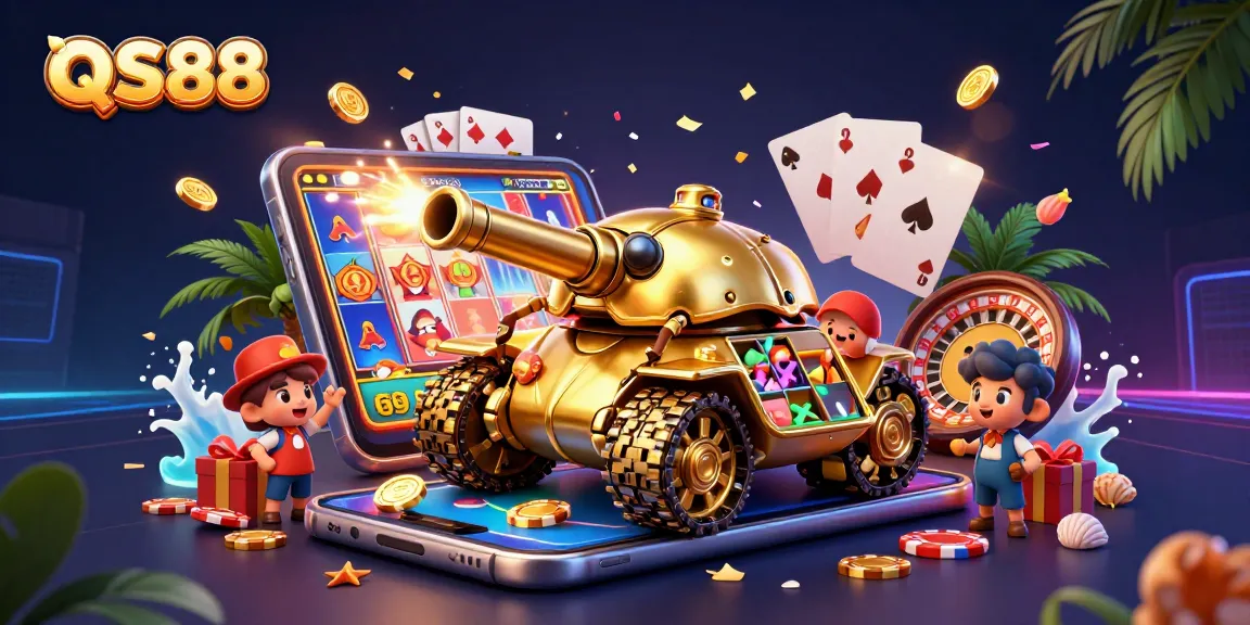 Engage with QS88's vibrant casino experience featuring a cartoon beetle tank and dynamic gaming elements.